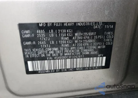 2015 Subaru Outback 2.5I Premium из США, поврежденный, VIN 4S4BSBDCXF3262811